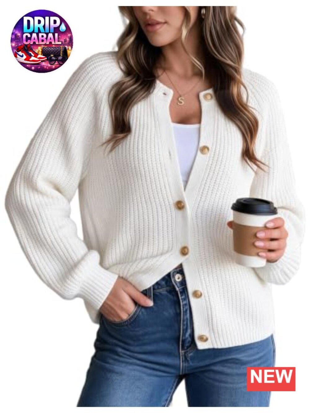 Lantern Sleeve Chunky Knit Cardigan Fitted Sweater for Women